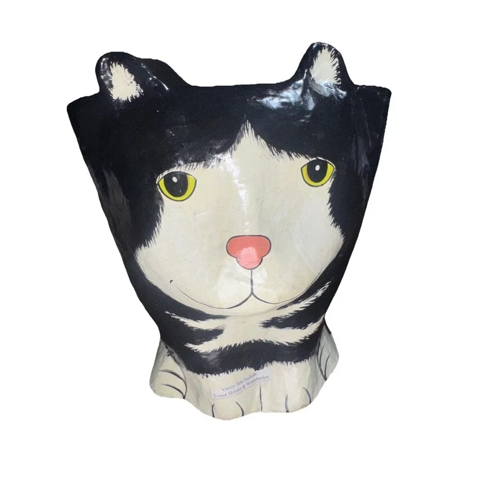 Cat papier-mâché wastebasket tissue holder. 10